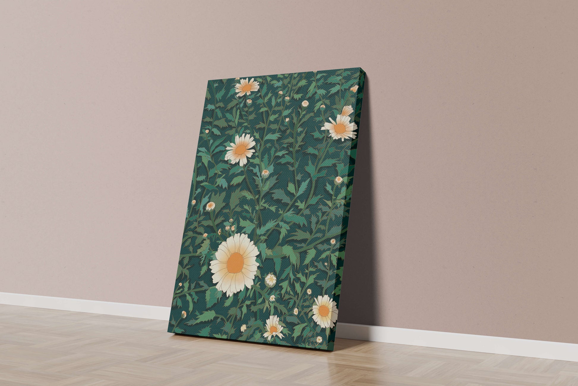 Floral pattern with daisies on a dark green background