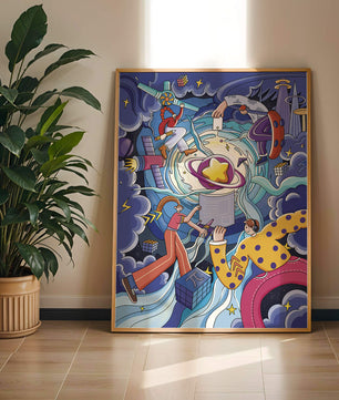 Exploration cosmique colorée avec personnages animés et formes géométriques