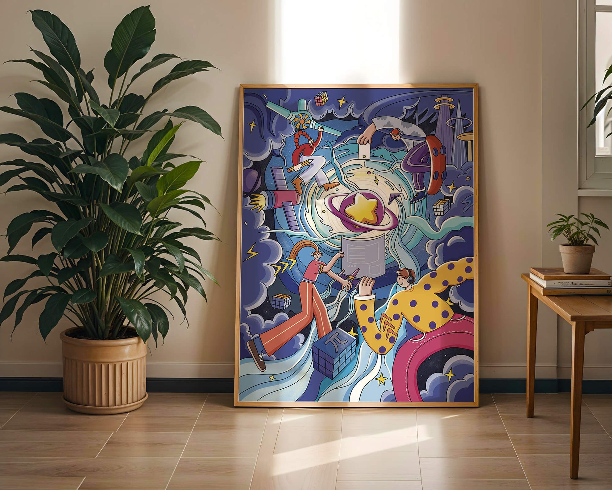 Colorful Cosmic Exploration with Animated Characters and Geometric Shapes