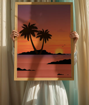 Sunset Over Tropical Island with Palm Trees and Birds - Mi tienda
