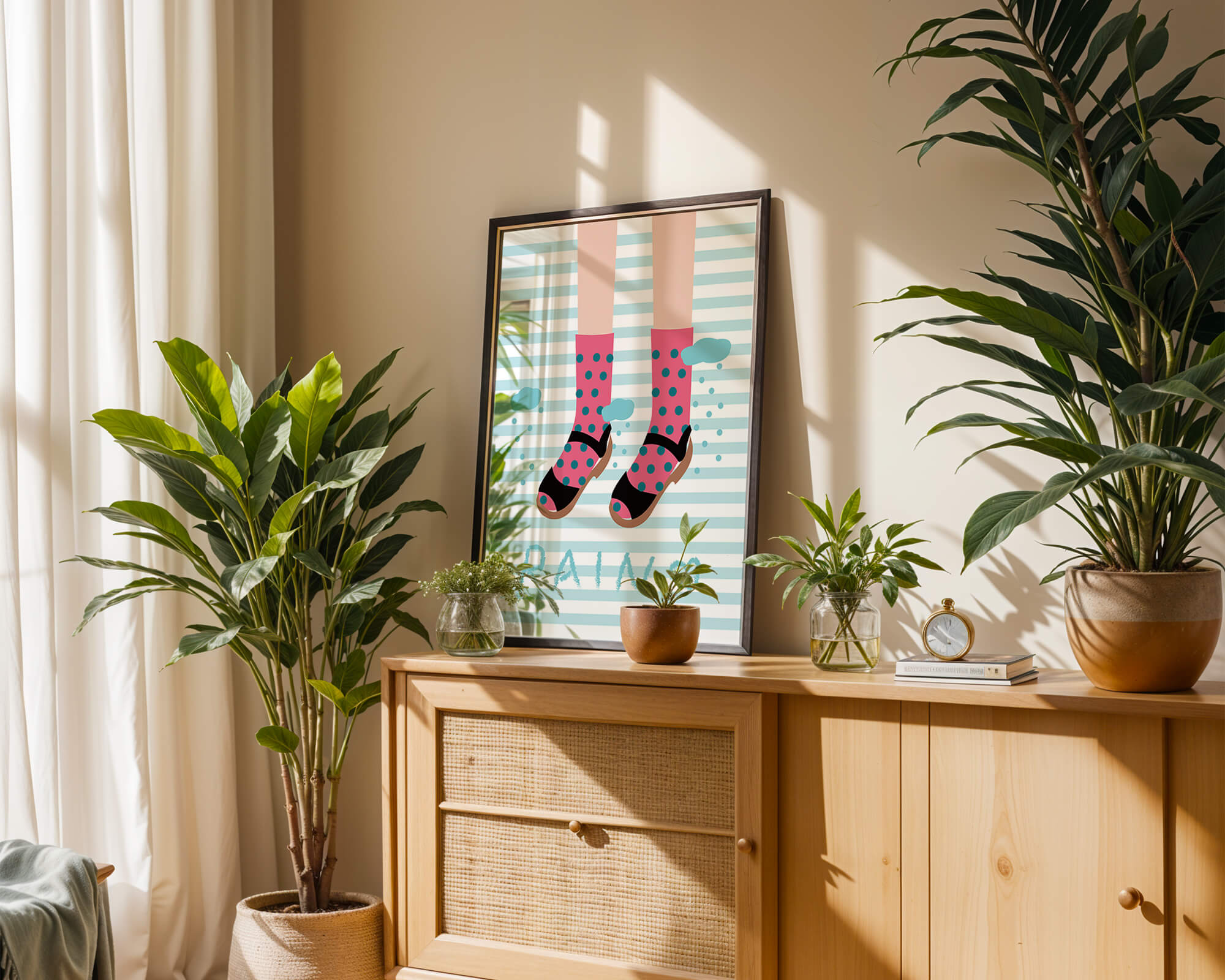 Illustration of polka dot socks and sandals on a striped background