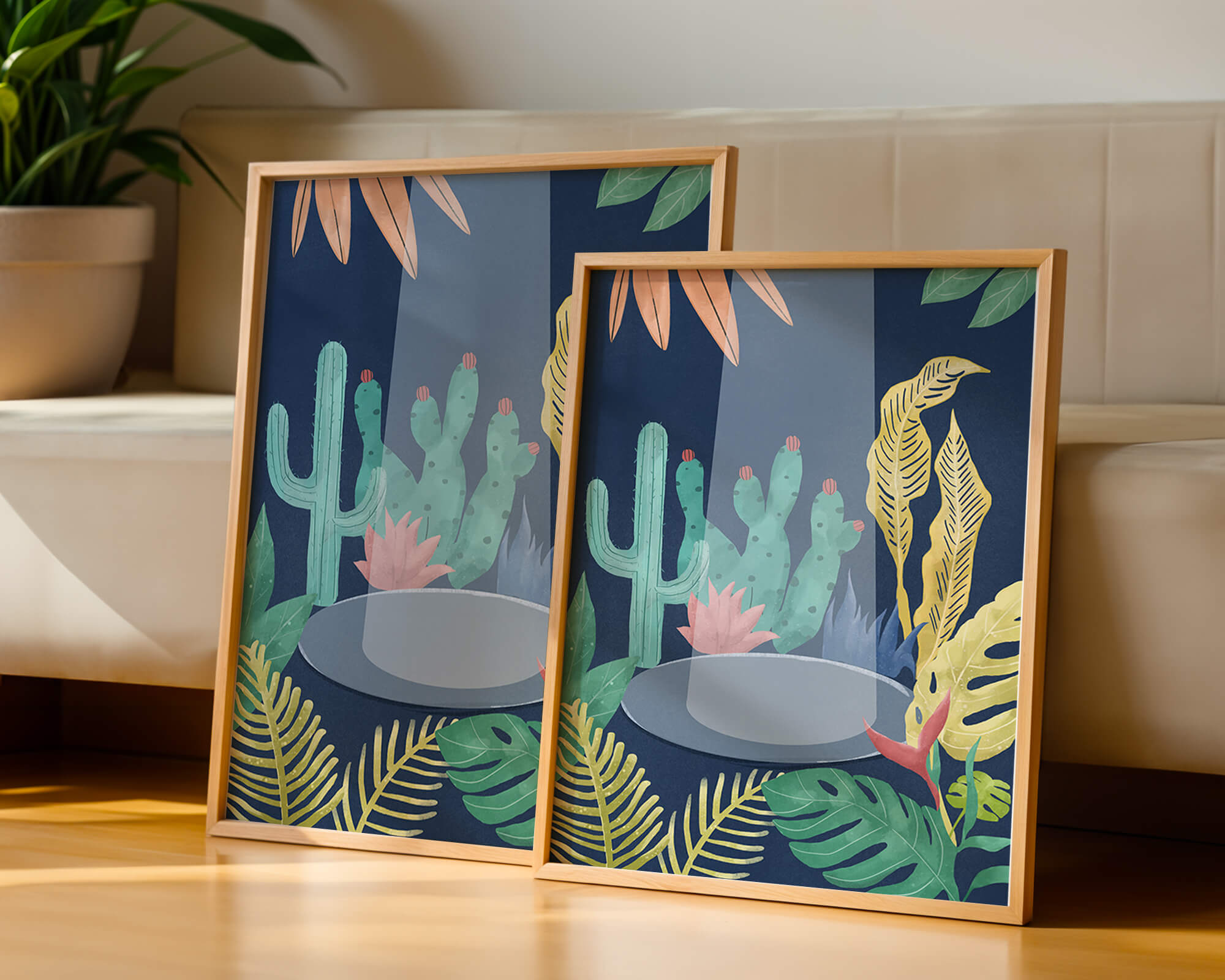 Colorful botanical illustration featuring cacti and tropical leaves
