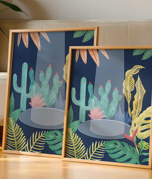 Ilustración botánica colorida con cactus y hojas tropicales