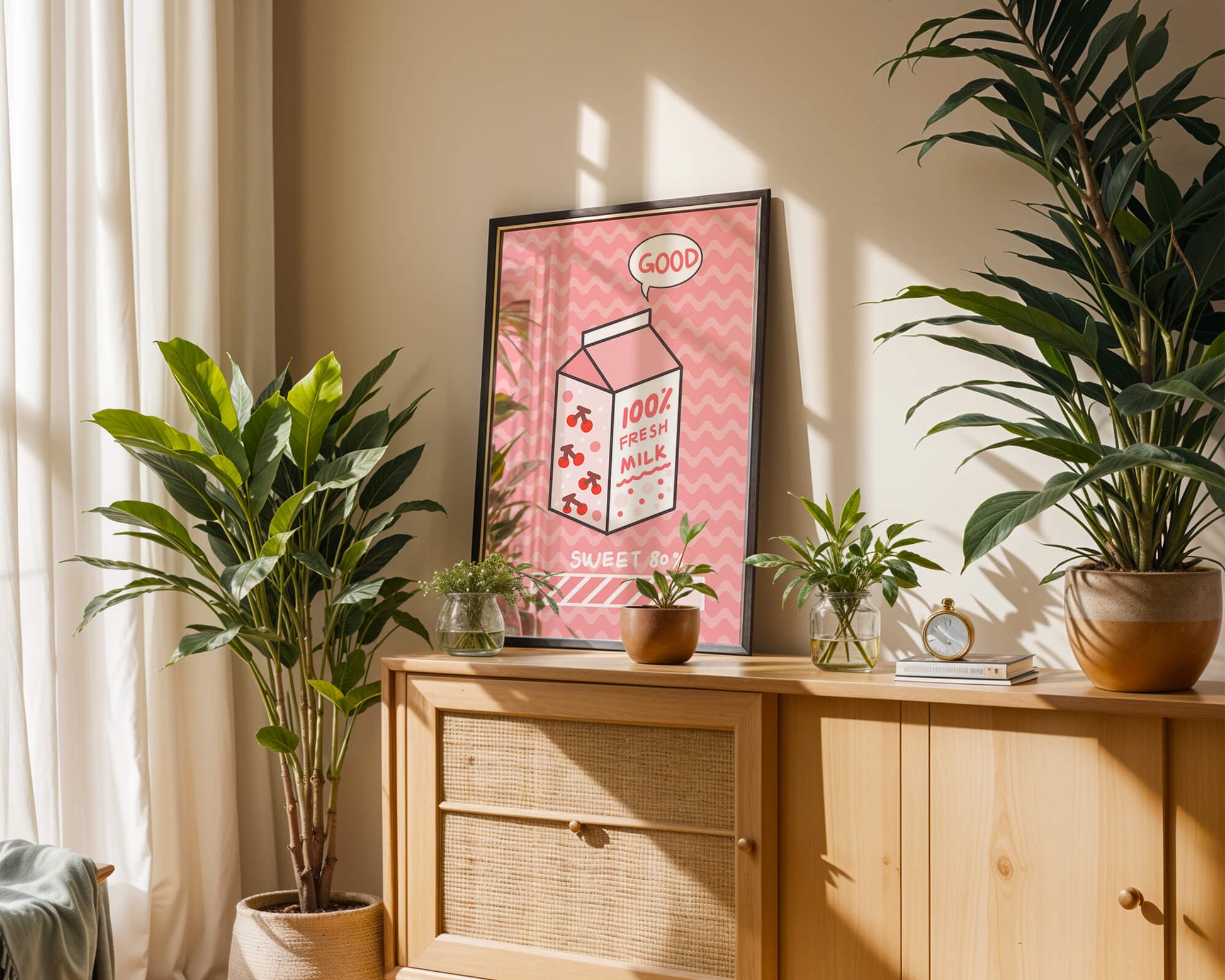 Playful illustration of milk carton with cherry design on pink background