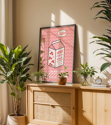 Playful illustration of milk carton with cherry design on pink background