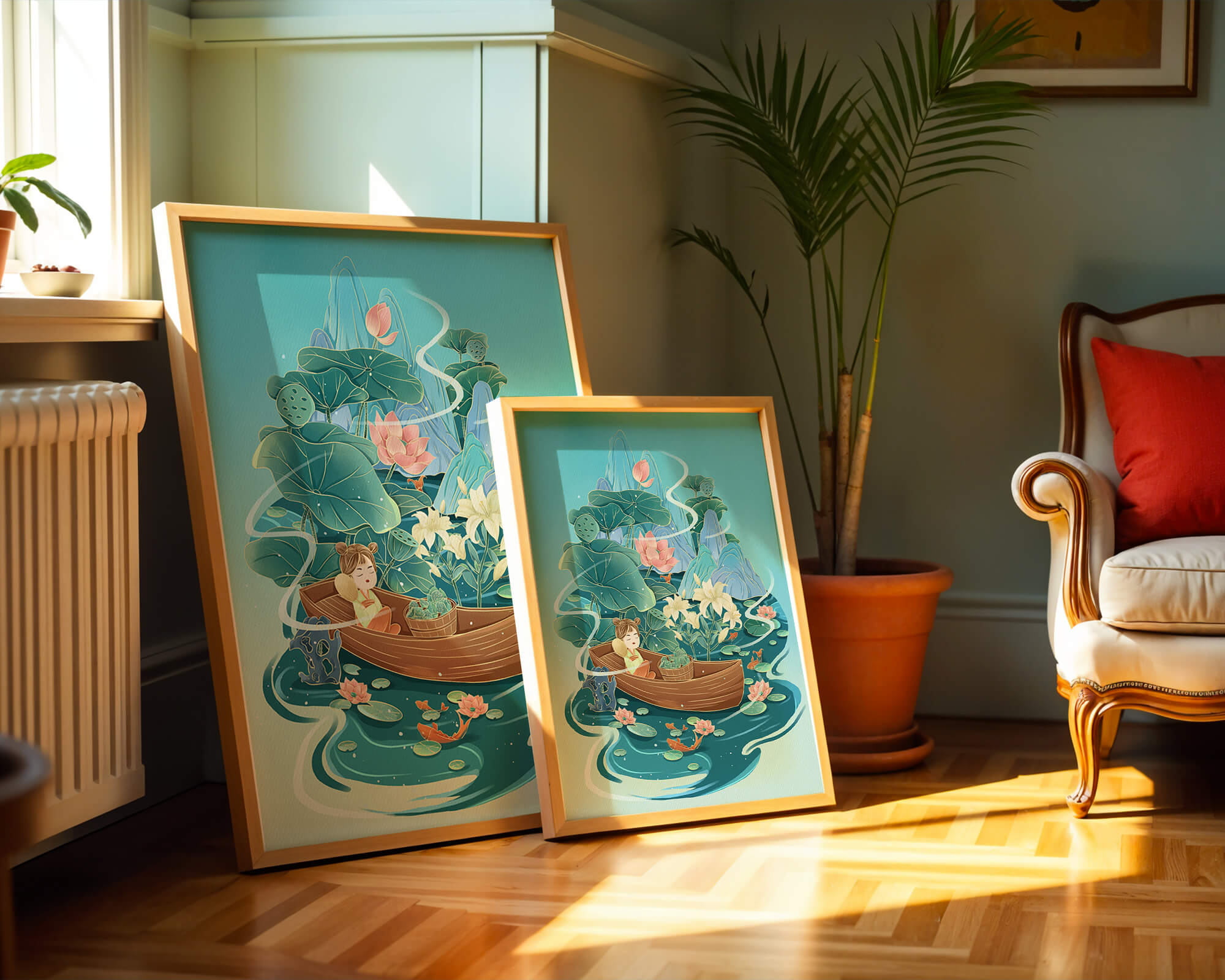 Serene landscape with lotus and boat in a tranquil water scene