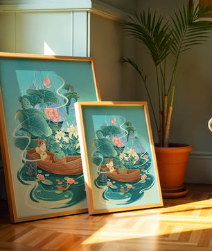 Heitere Landschaft mit Lotus und Boot in einer ruhigen Wasserszene