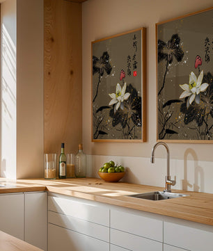Elegant oriental floral art with gold accents and calligraphy
