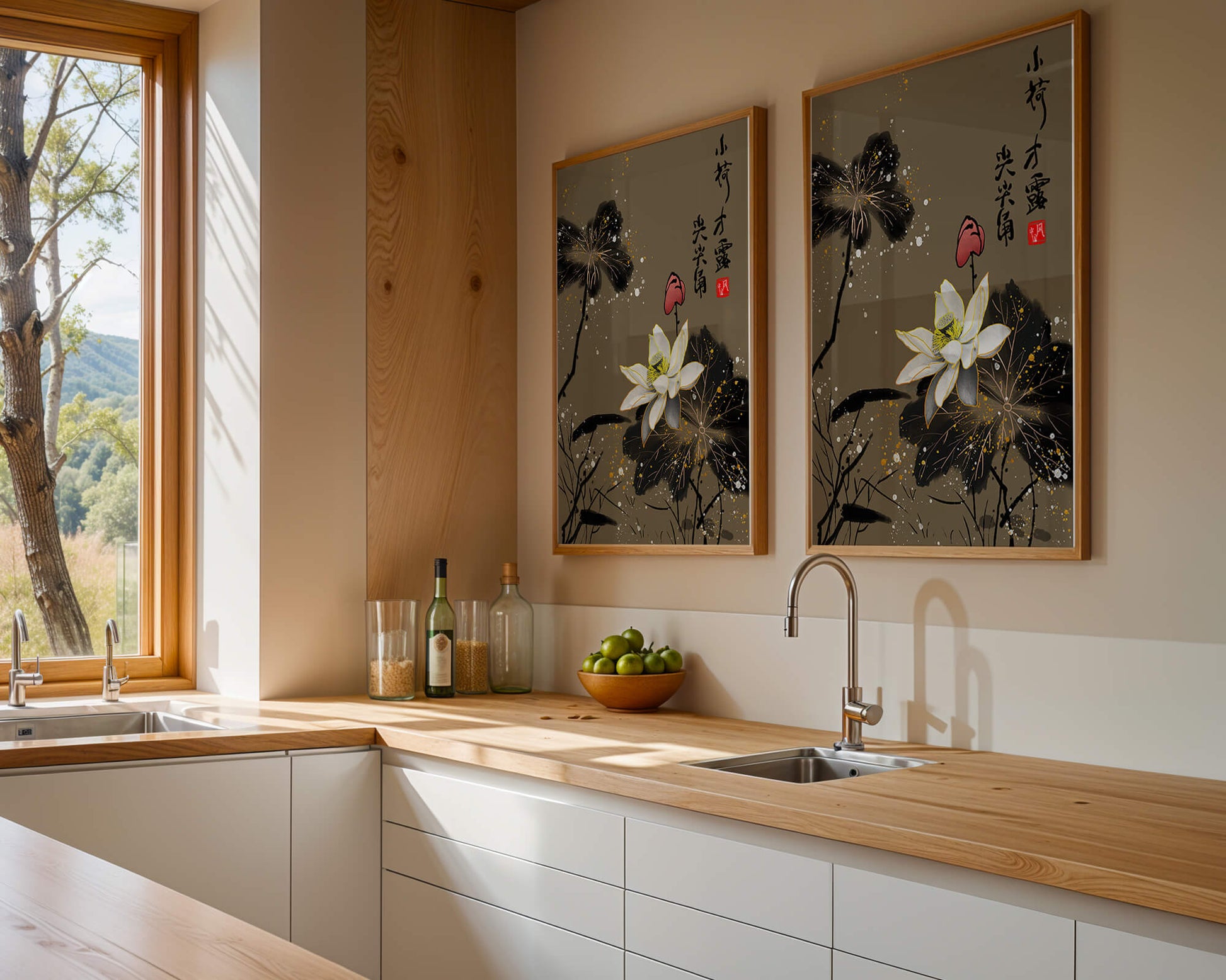 Elegant oriental floral art with gold accents and calligraphy
