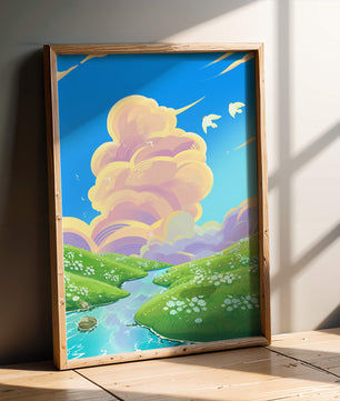 Serene landscape with rolling hills, stream, and vibrant sky