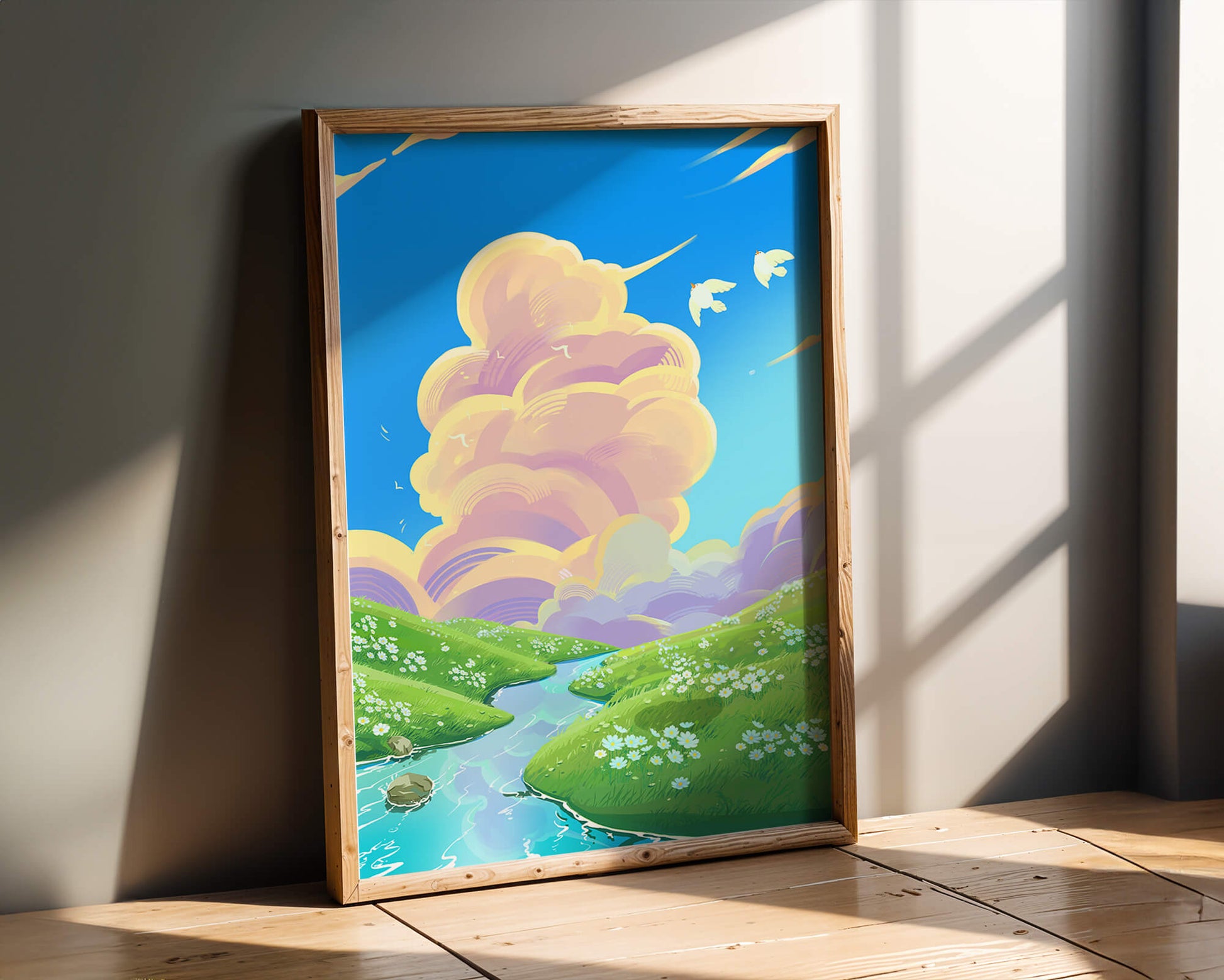Serene landscape with rolling hills, stream, and vibrant sky