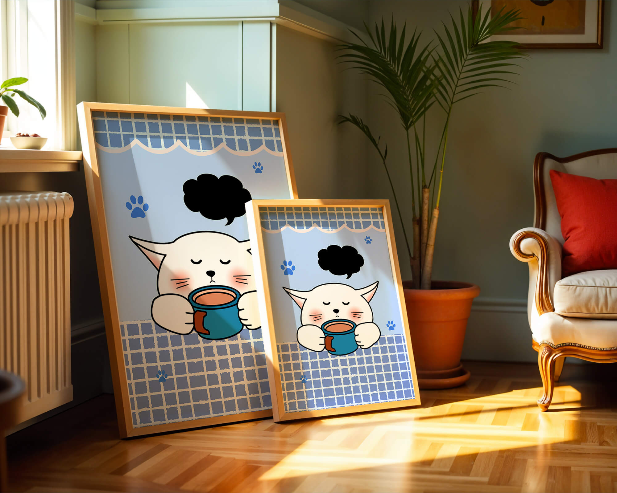 Cute cartoon cat with mug and speech bubble on blue background