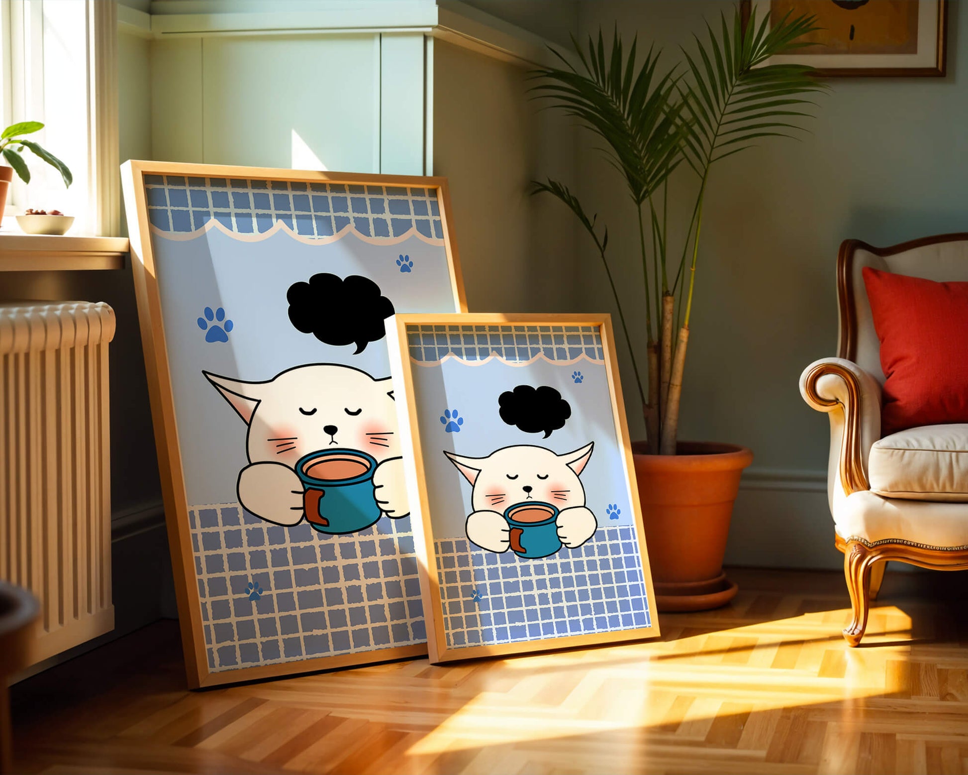 Cute cartoon cat with mug and speech bubble on blue background