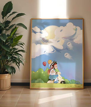 Whimsical illustration of a child riding a scooter with floating whales and balloons