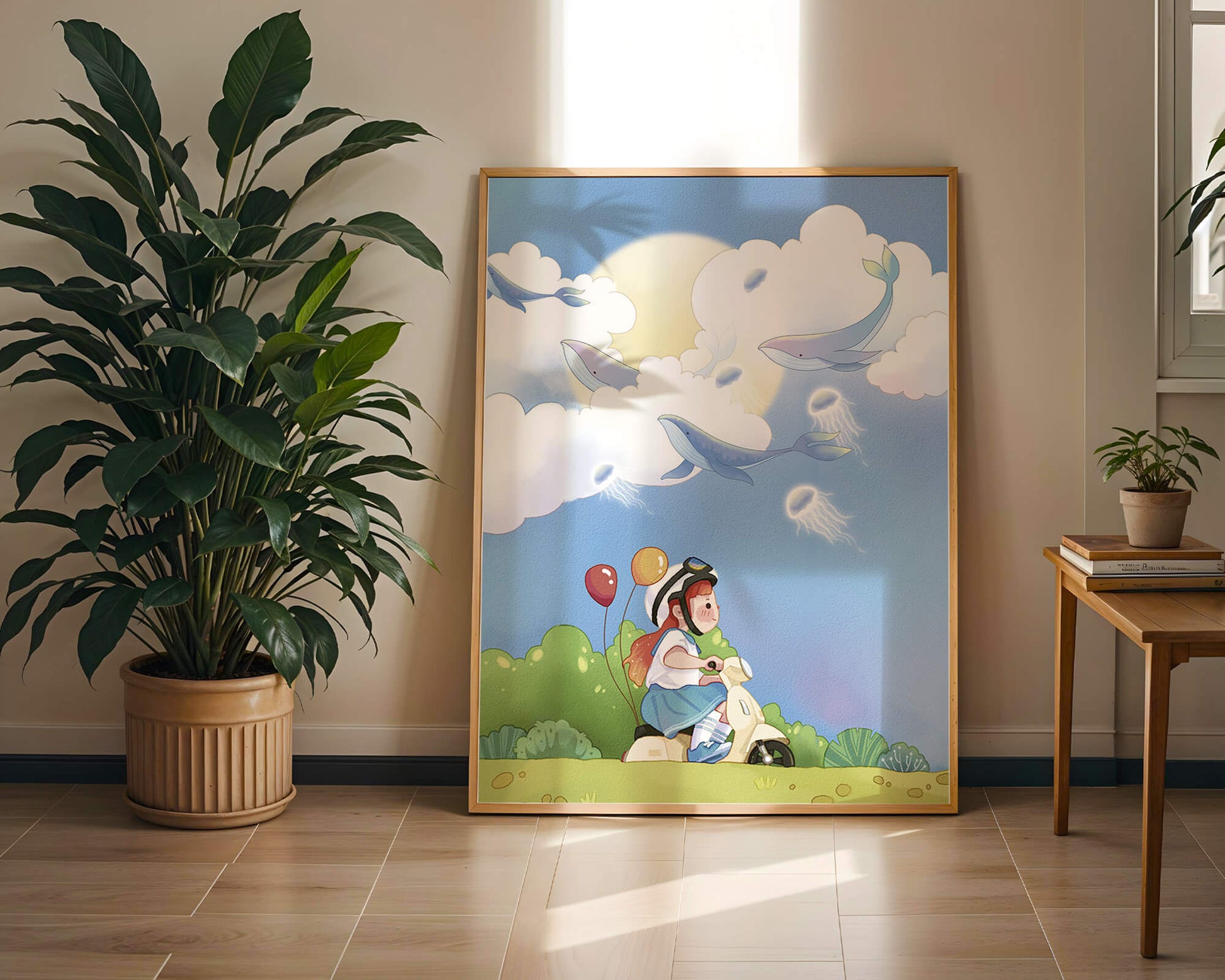 Whimsical illustration of a child riding a scooter with floating whales and balloons