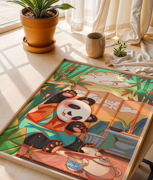 Cheerful Panda Having Tea in a Bamboo Garden - Mi tienda