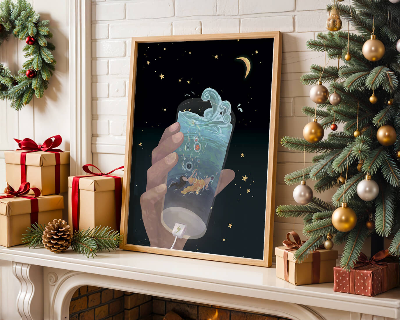 Abstract night sky scene with hand holding a glass of swirling water