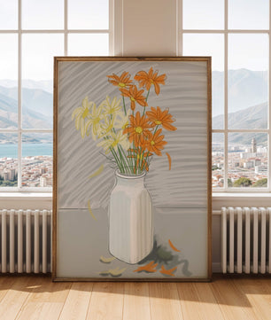 Vibrant daisies in a white vase illustration