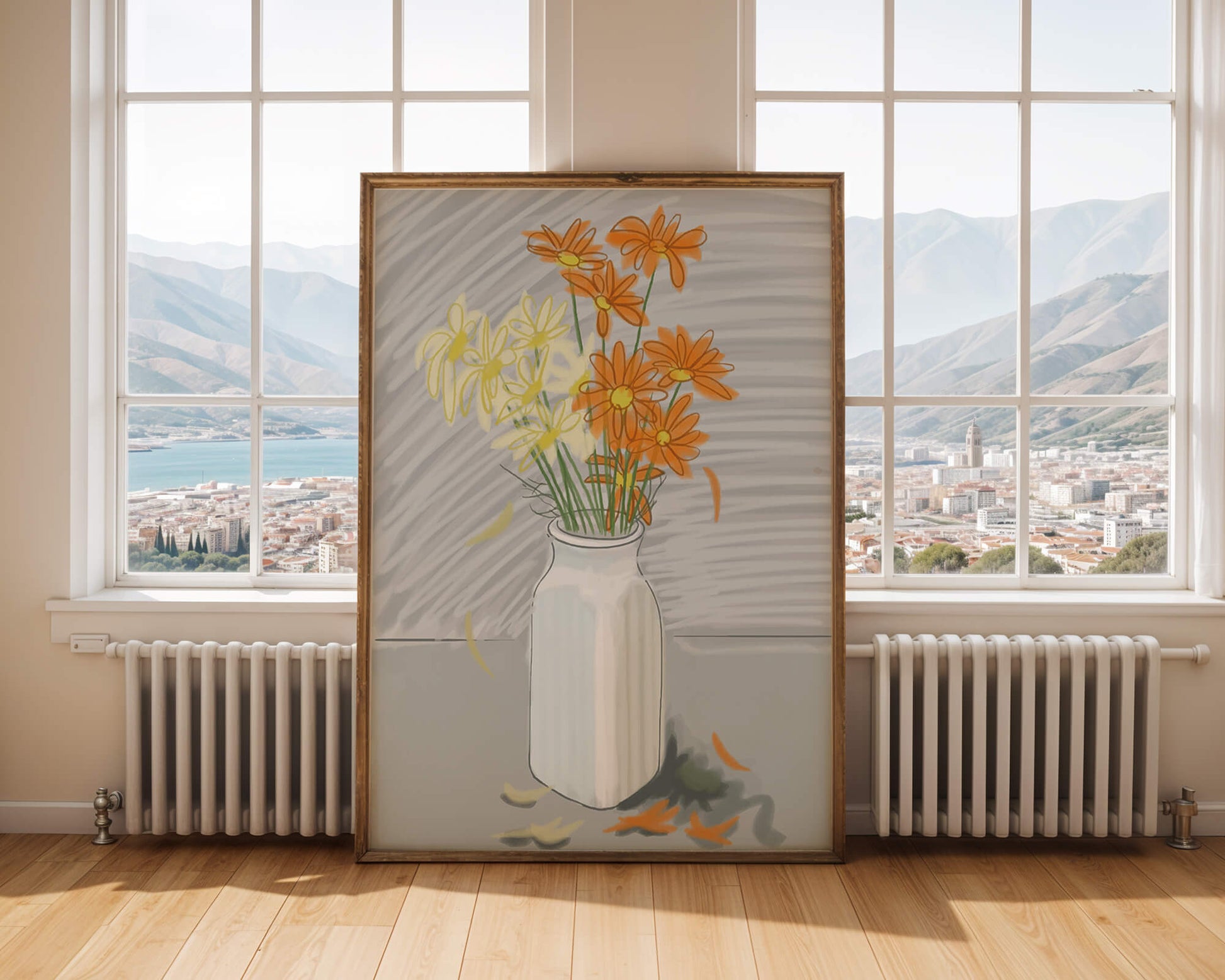 Vibrant daisies in a white vase illustration