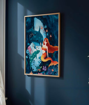 Underwater scene with a mermaid interacting with sea creatures in a vibrant ocean cave