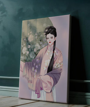 Elegant Asian Woman in Traditional Attire with Floral Background - Mi tienda