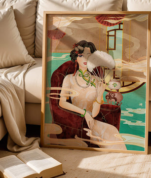 Œuvre d'art élégante d'inspiration asiatique vintage représentant une femme avec un éventail