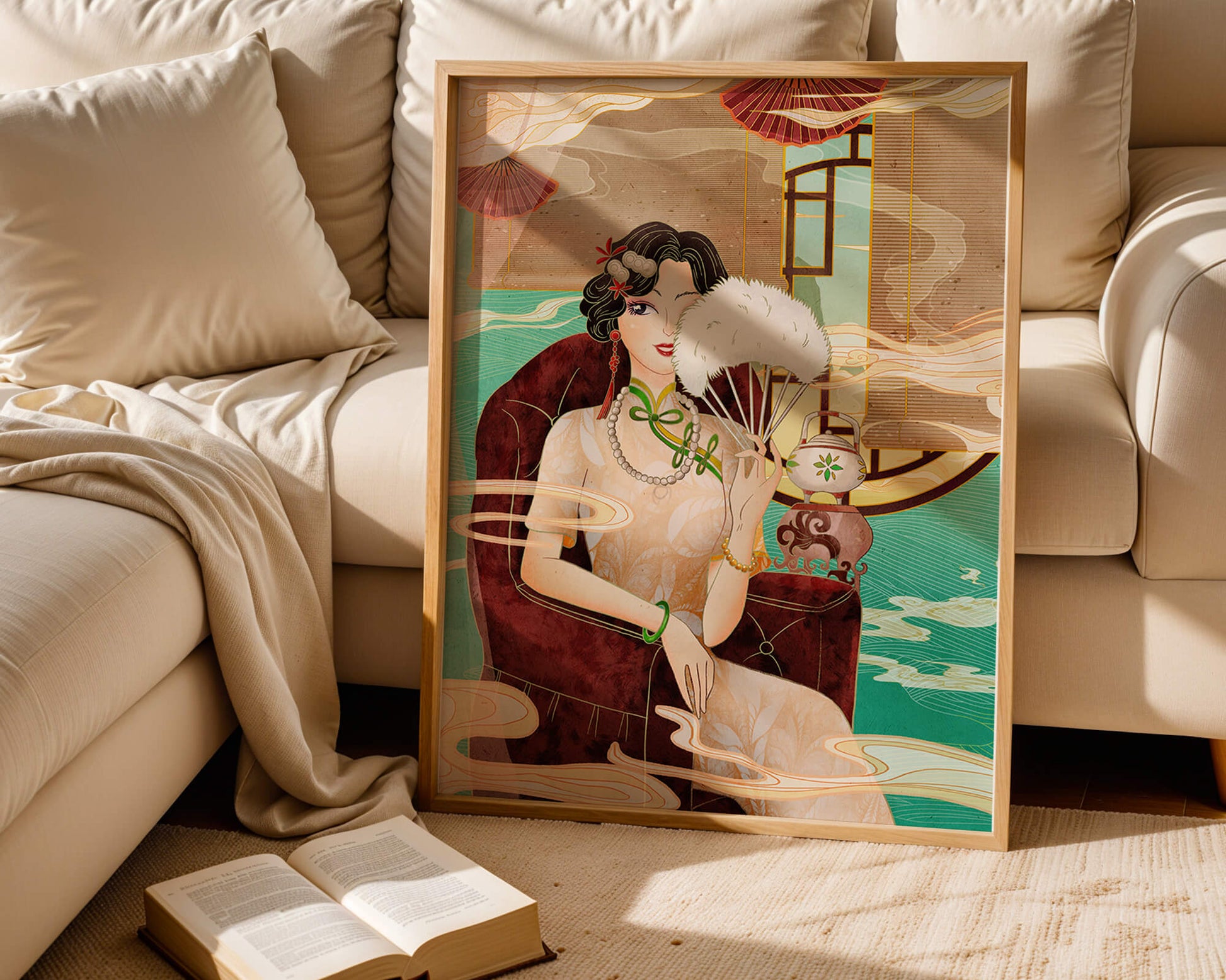 Elegant vintage Asian-inspired artwork featuring a woman with a fan