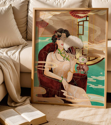 Elegant vintage Asian-inspired artwork featuring a woman with a fan