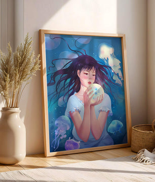 Enchanted underwater scene with girl and glowing jellyfish