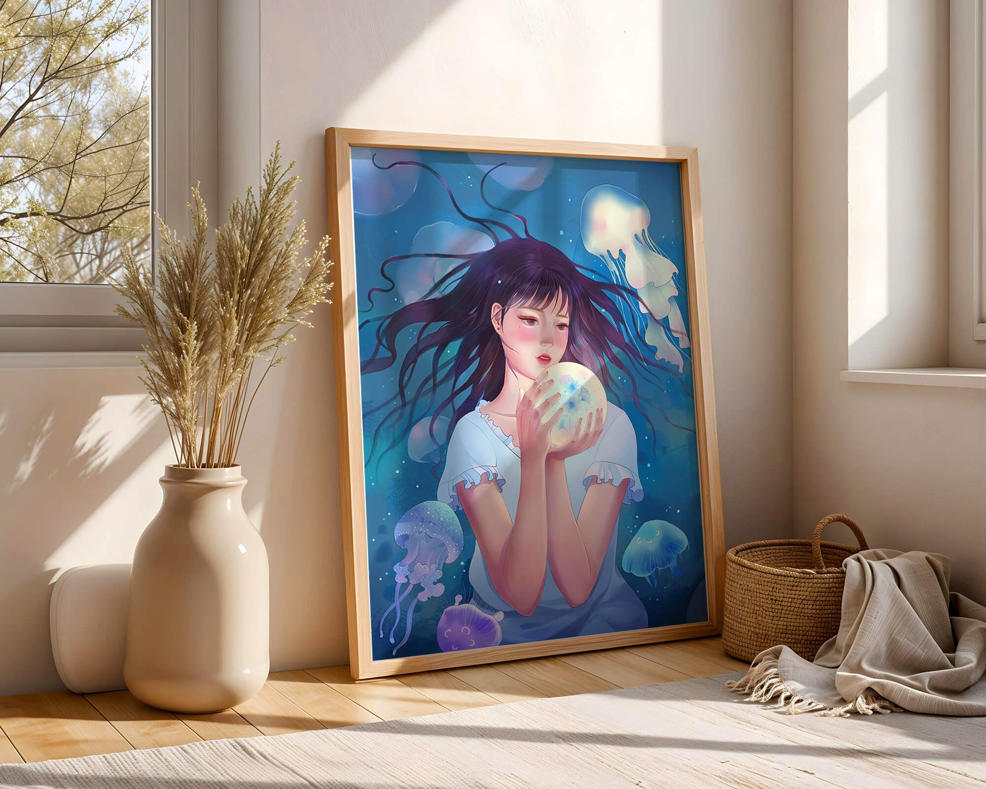 Enchanted underwater scene with girl and glowing jellyfish