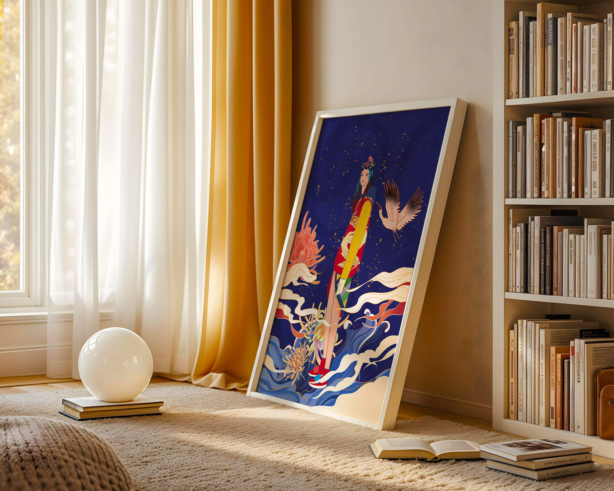 Elegant fusion of traditional and modern art with floral and avian elements