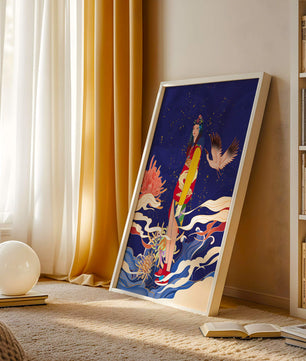 Fusion élégante d’art traditionnel et moderne avec des éléments floraux et aviaires