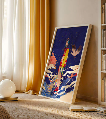 Elegant fusion of traditional and modern art with floral and avian elements