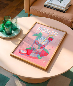Ilustración de un mojito de fresa con fondo rosa vibrante y diseño juguetón
