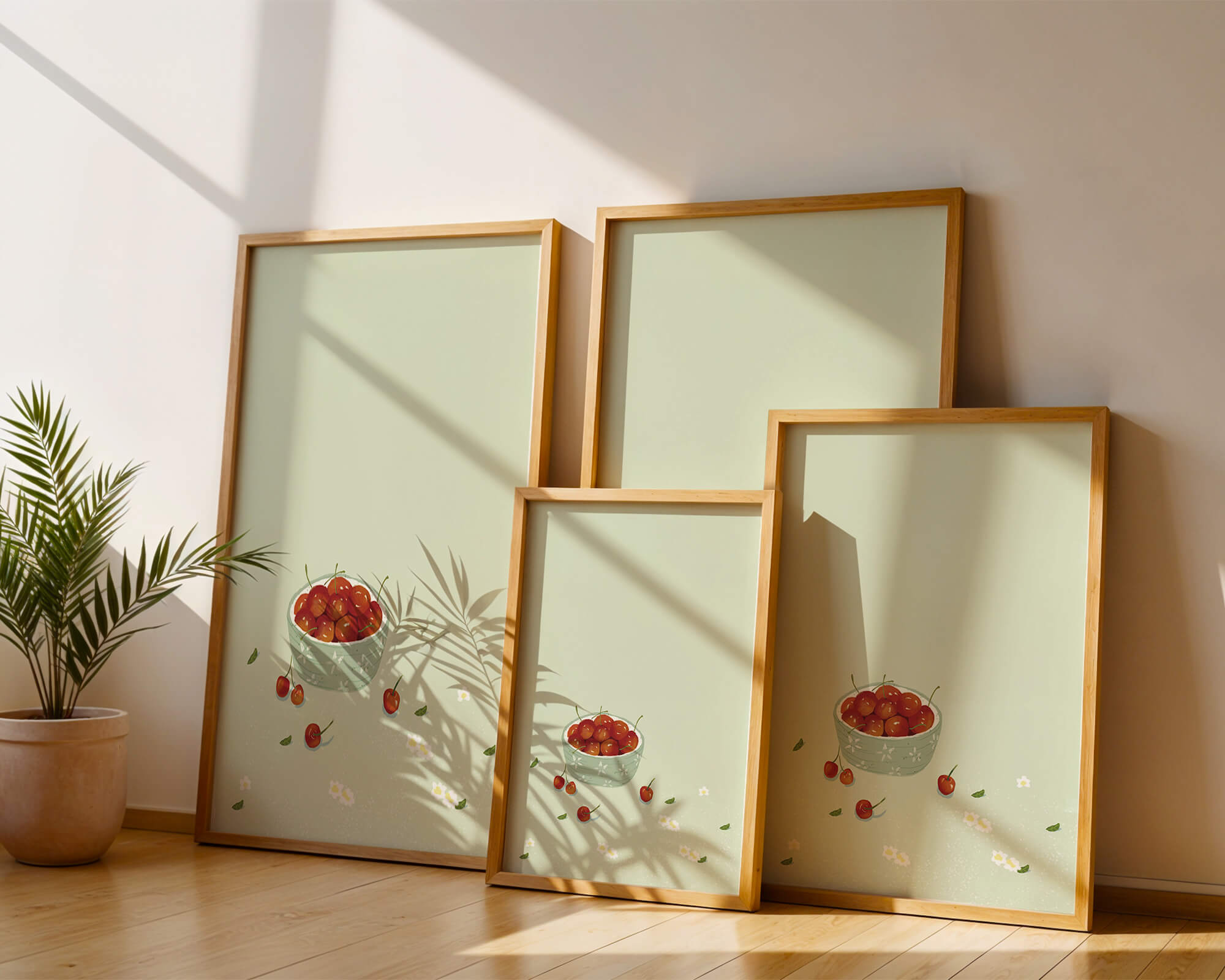 Cherries in a decorative bowl with floral accents on a soft green background
