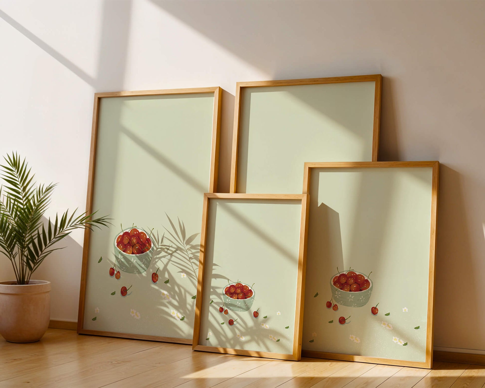 Cherries in a decorative bowl with floral accents on a soft green background