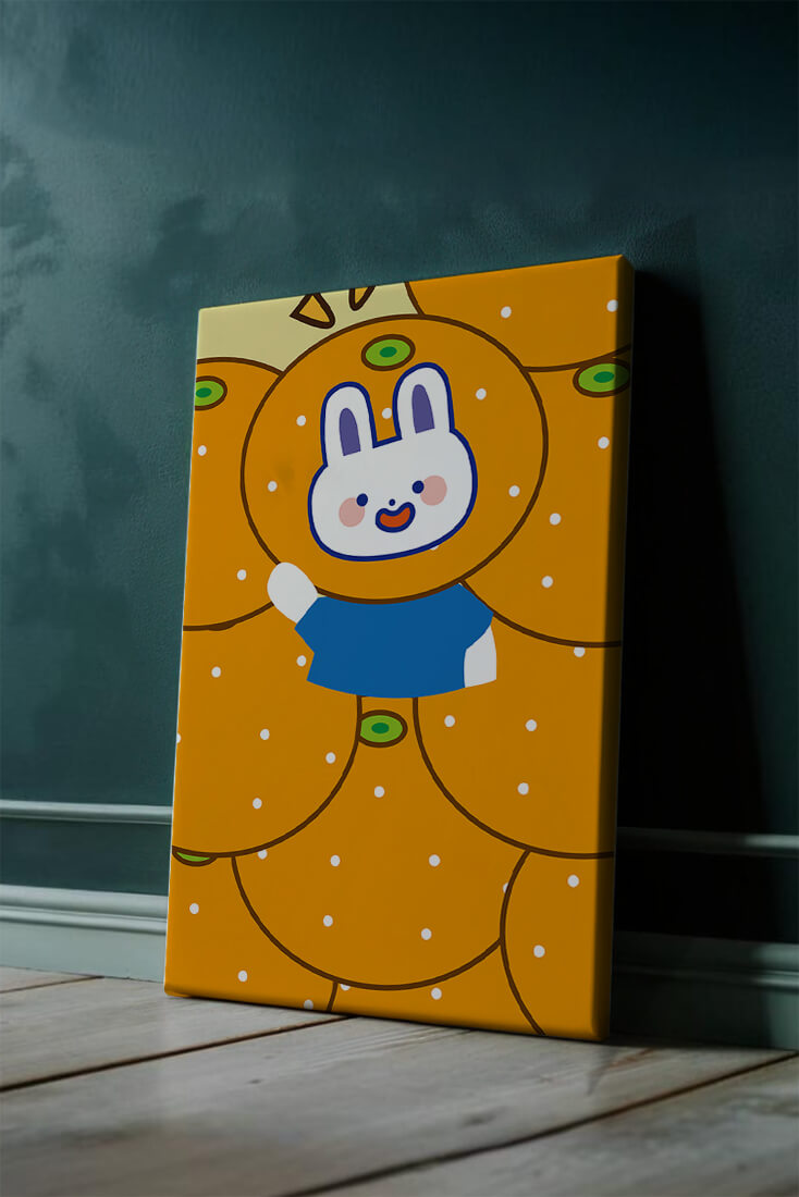 Whimsical illustration of a bunny surrounded by oranges