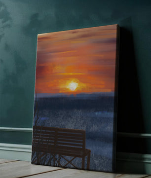 Vue sereine du coucher de soleil avec un banc vide sur des eaux calmes