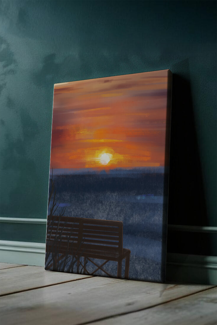 Vue sereine du coucher de soleil avec un banc vide sur des eaux calmes