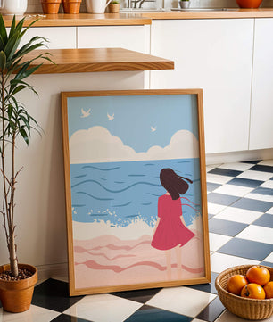 Serene seaside illustration with a girl in a pink dress gazing at the ocean