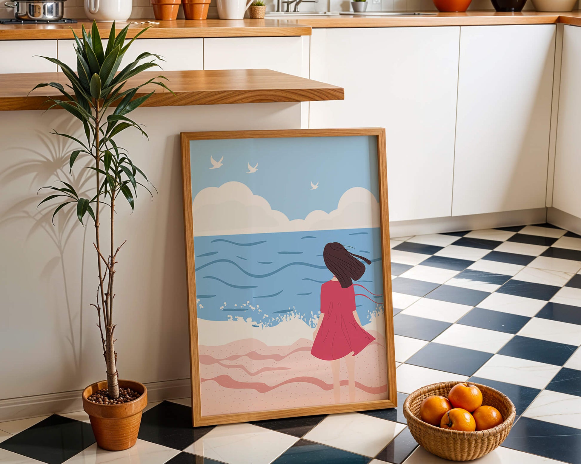 Serene seaside illustration with a girl in a pink dress gazing at the ocean