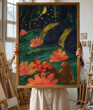 Mystical night garden with bright flowers and starlit sky
