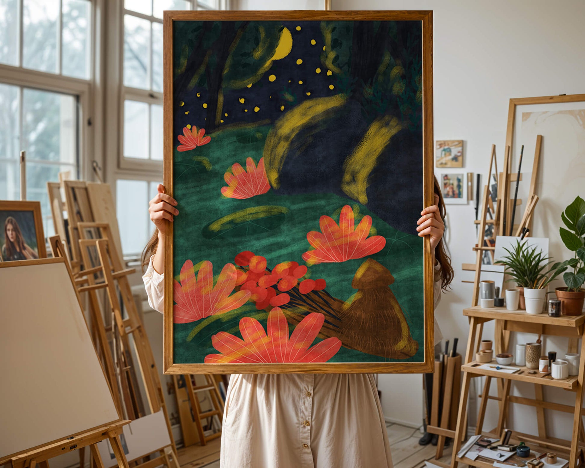 Mystical night garden with bright flowers and starlit sky