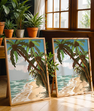 Tranquil Beach Scene with Palm Trees and Sailboats