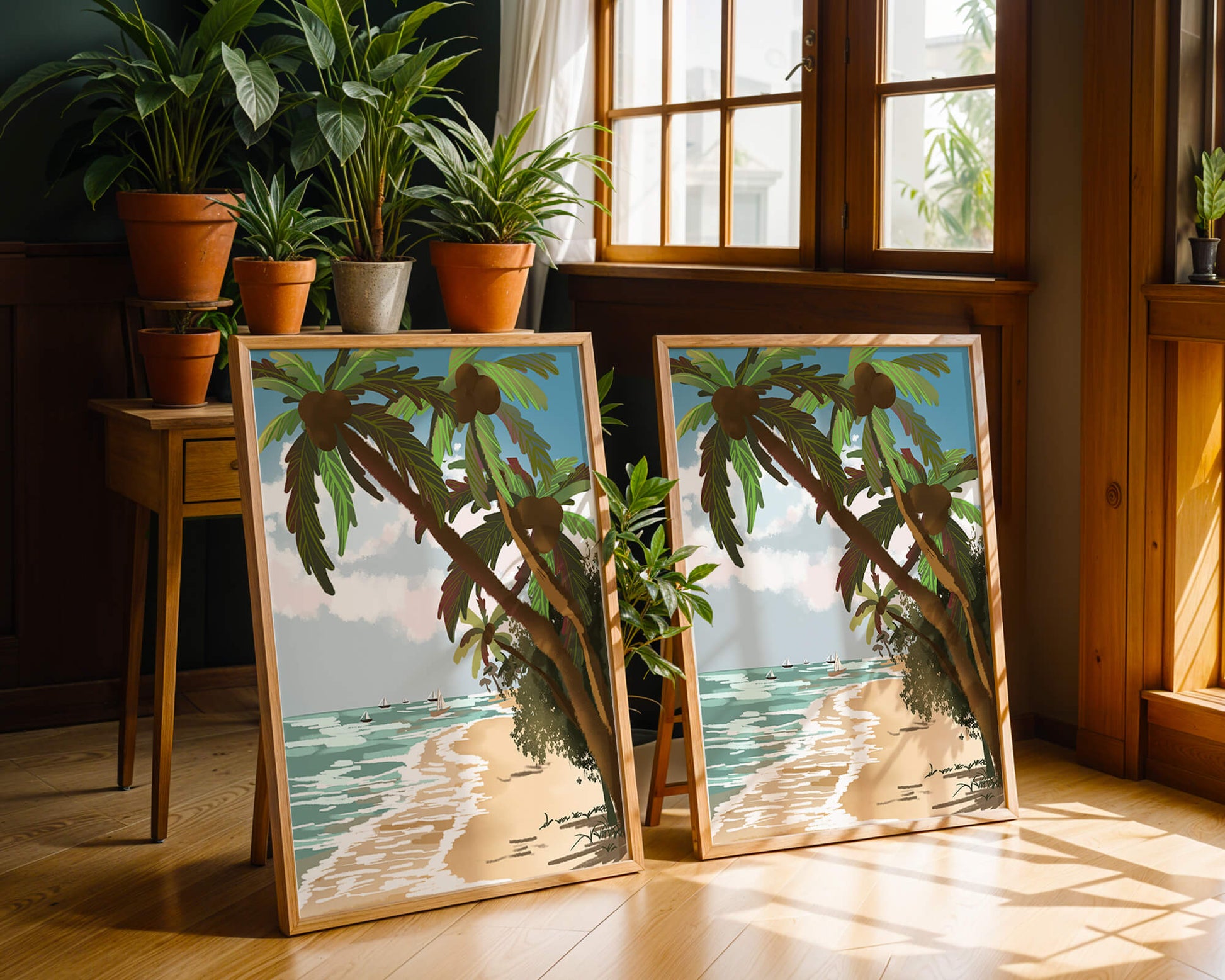 Tranquil Beach Scene with Palm Trees and Sailboats