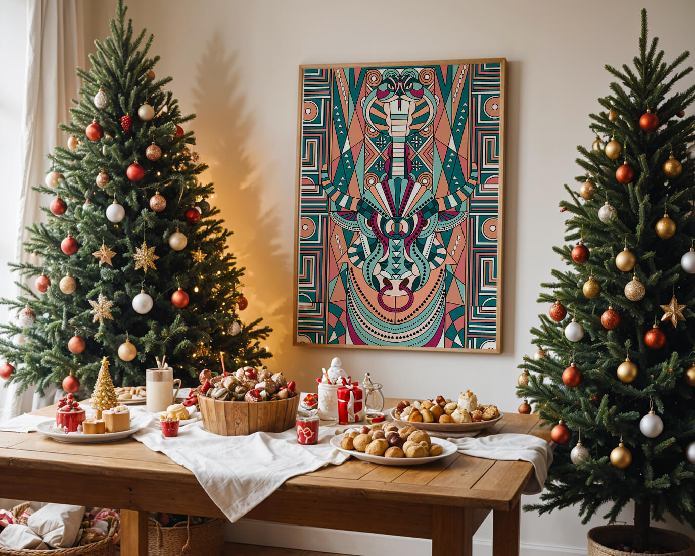 Colorful Geometric Animal and Snake Art Design with Tribal Patterns
