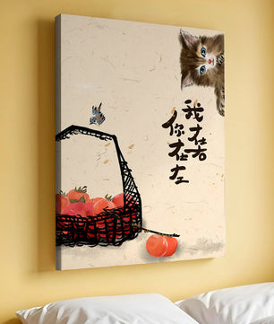 Ilustración tranquila con gatito, pájaro y cesta de tomates en tonos suaves