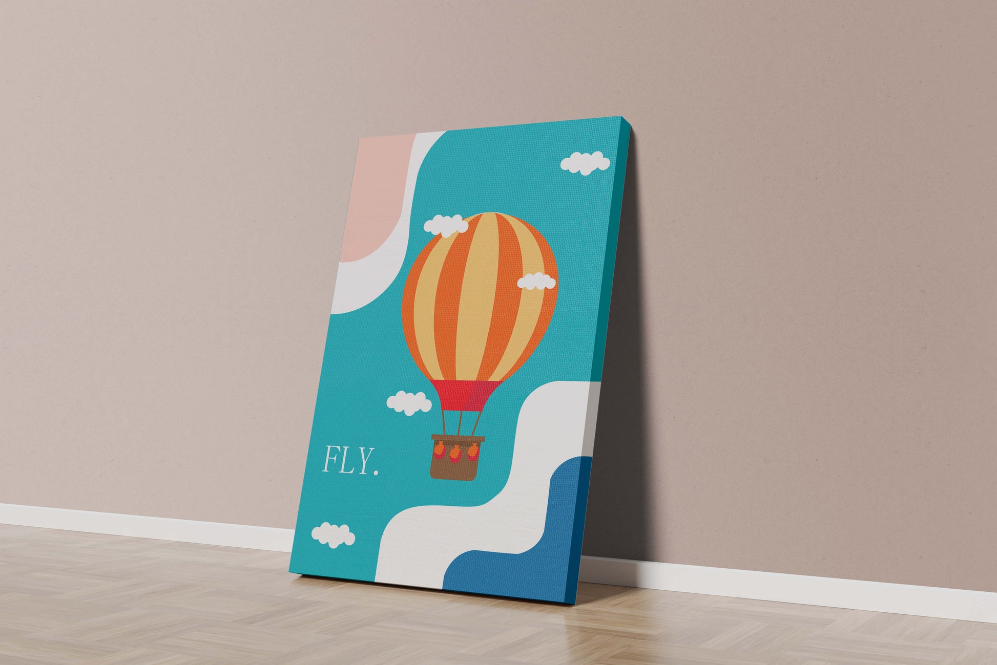 Bunte Heißluftballon-Illustration mit Wolken und abstrakten Formen