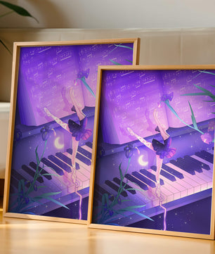 Graceful Ballerina Dancing on Piano Amidst Flowers and Musical Notes