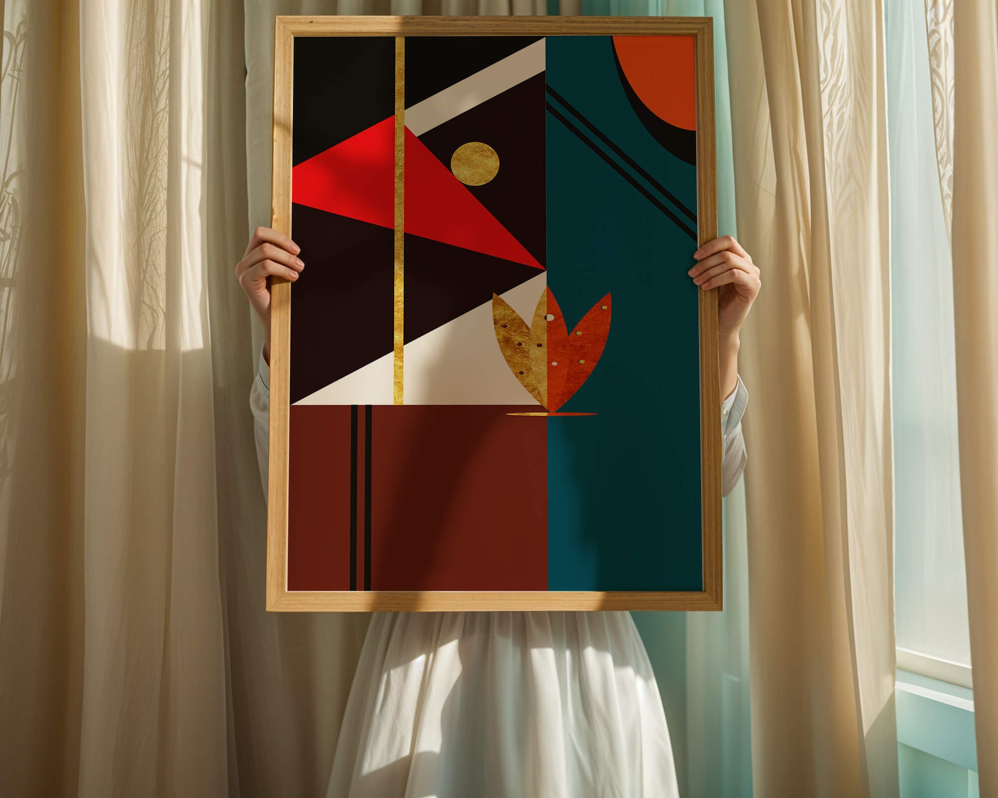 Geometrische abstrakte Kunst mit Gold und kräftigen Formen